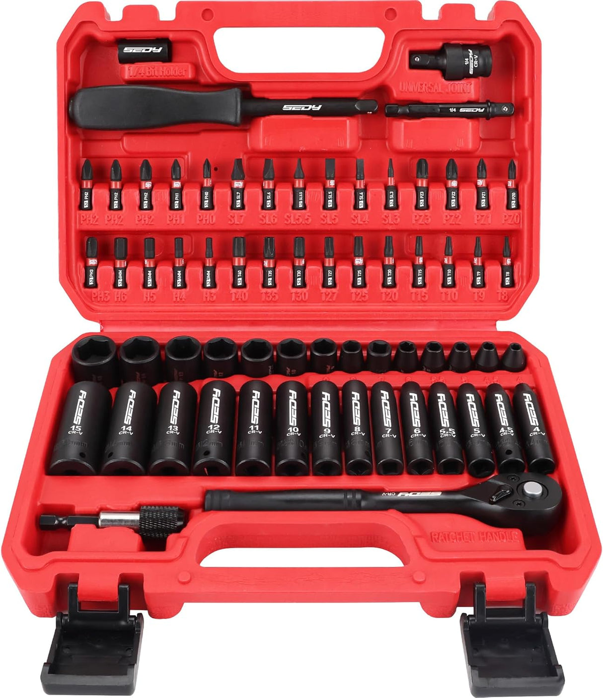 SEDY 64-piece 1/4 inch drive socket and bit wrench set with metric sockets, magnetic bit holder, ratchet handle and durable carry case