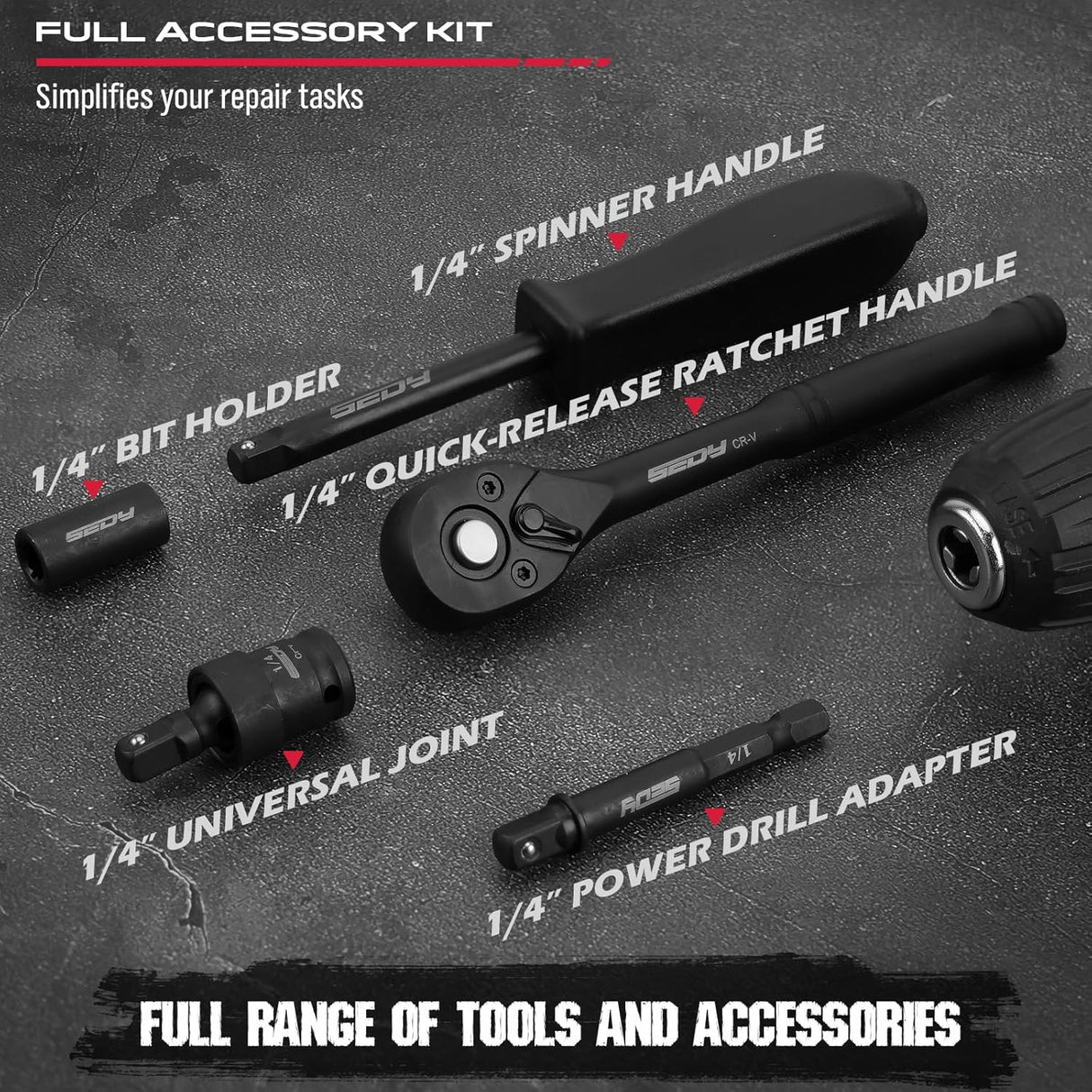 SEDY 64-piece 1/4 inch drive socket and bit wrench set with metric sockets, magnetic bit holder, ratchet handle and durable carry case