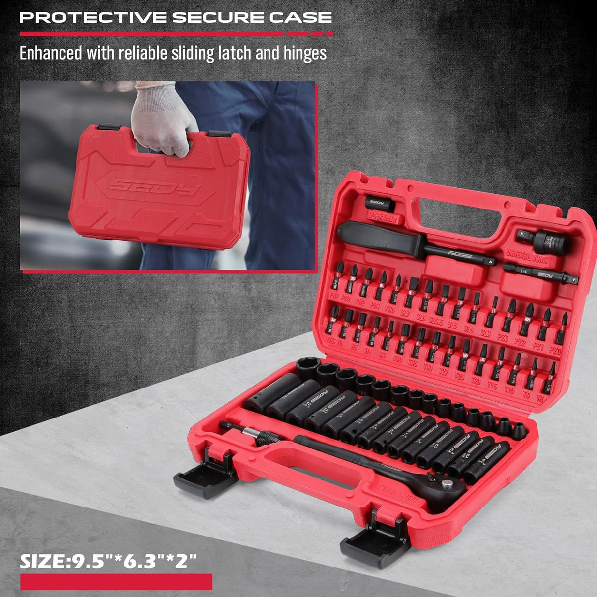 SEDY 64-piece 1/4 inch drive socket and bit wrench set with metric sockets, magnetic bit holder, ratchet handle and durable carry case