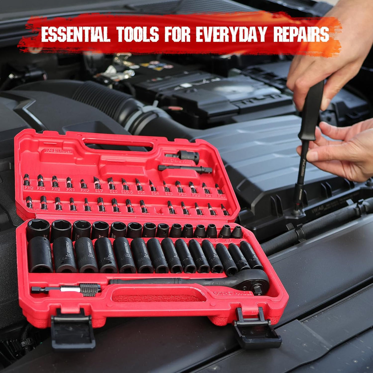 SEDY 64-piece 1/4 inch drive socket and bit wrench set with metric sockets, magnetic bit holder, ratchet handle and durable carry case