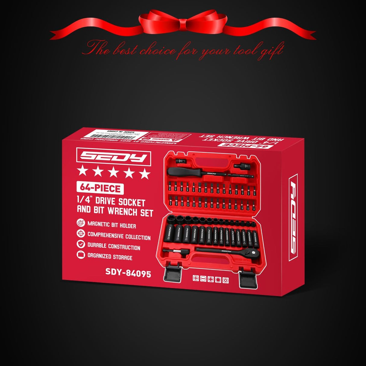 SEDY 64-piece 1/4 inch drive socket and bit wrench set with metric sockets, magnetic bit holder, ratchet handle and durable carry case