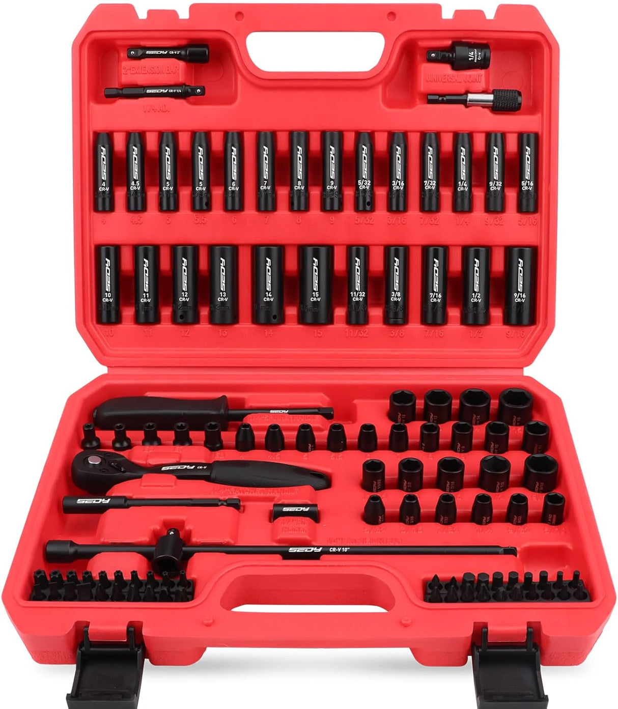 SEDY 105-piece impact socket set with 1/4" ratchet wrench, SAE and Metric sockets, extension bar, universal joint, screwdriver bits, durable carry case