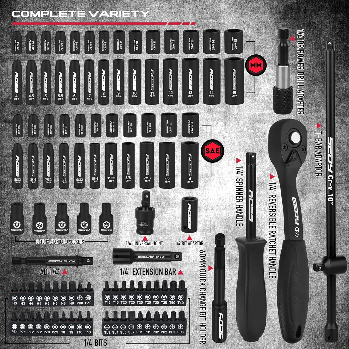 SEDY 105-piece impact socket set with 1/4" ratchet wrench, SAE and Metric sockets, extension bar, universal joint, screwdriver bits, durable carry case