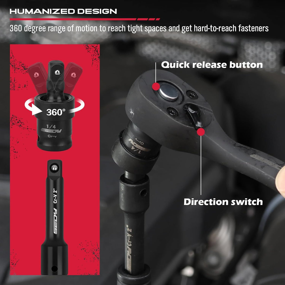 SEDY 105-piece impact socket set with 1/4" ratchet wrench, SAE and Metric sockets, extension bar, universal joint, screwdriver bits, durable carry case