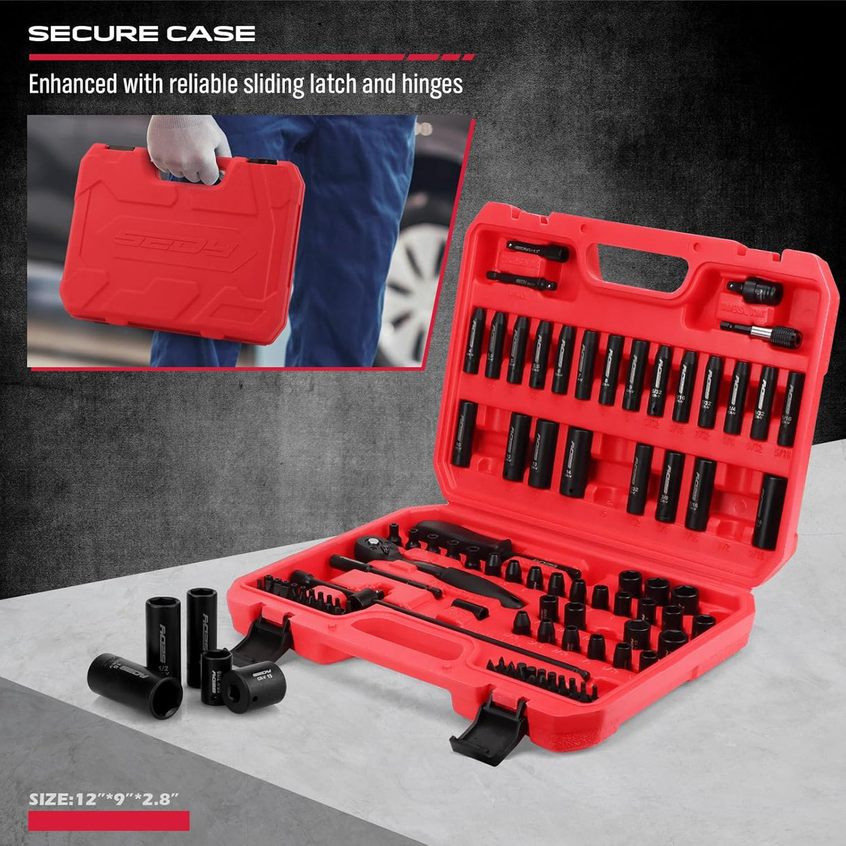 SEDY 105-piece impact socket set with 1/4" ratchet wrench, SAE and Metric sockets, extension bar, universal joint, screwdriver bits, durable carry case