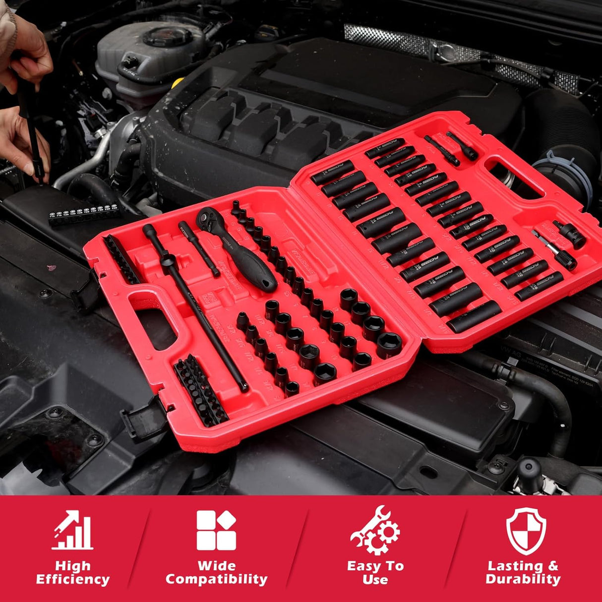 SEDY 105-piece impact socket set with 1/4" ratchet wrench, SAE and Metric sockets, extension bar, universal joint, screwdriver bits, durable carry case