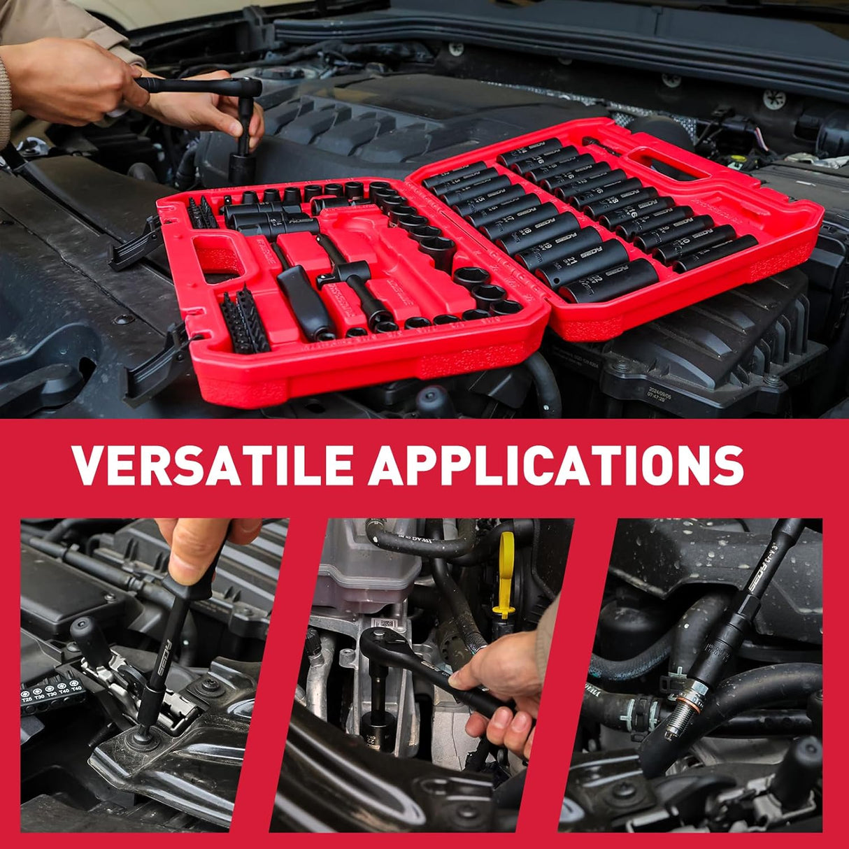 SEDY 96-piece 3/8 inch drive socket wrench and bit set with SAE and metric sockets, high-torque impact design, and organized storage box