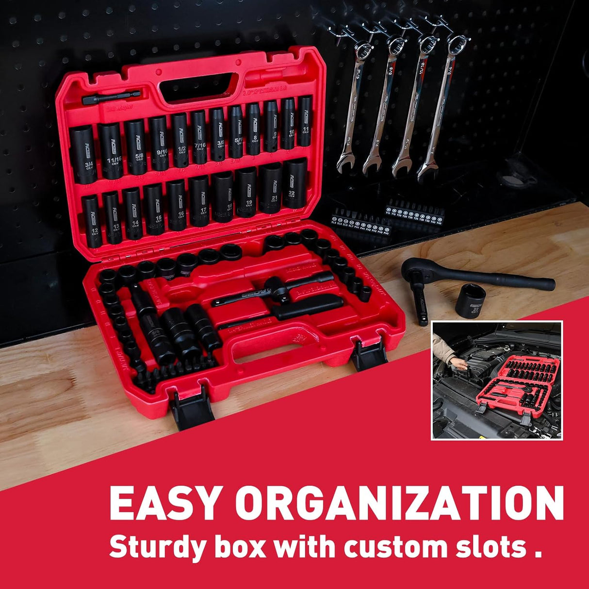 SEDY 96-piece 3/8 inch drive socket wrench and bit set with SAE and metric sockets, high-torque impact design, and organized storage box