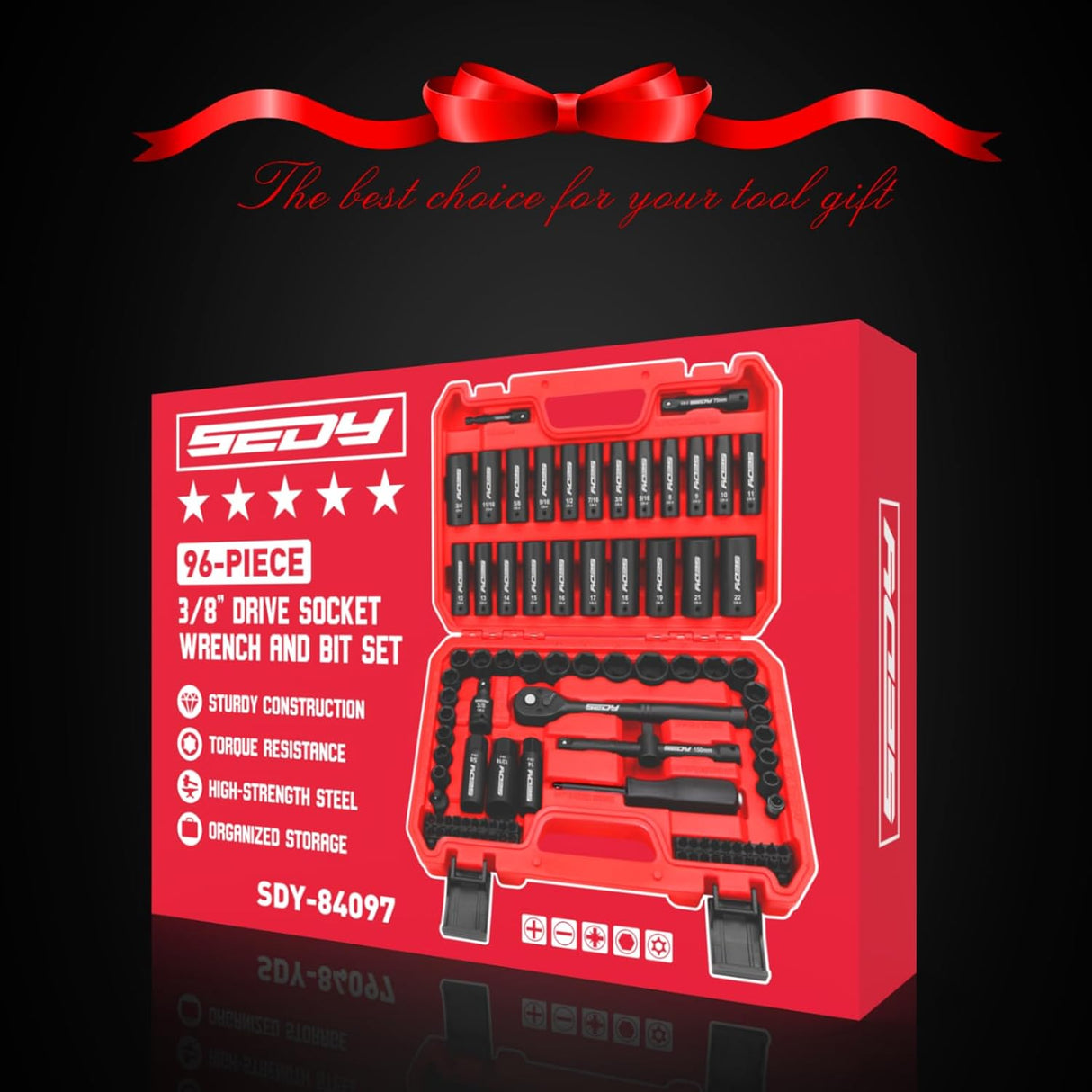 SEDY 96-piece 3/8 inch drive socket wrench and bit set with SAE and metric sockets, high-torque impact design, and organized storage box