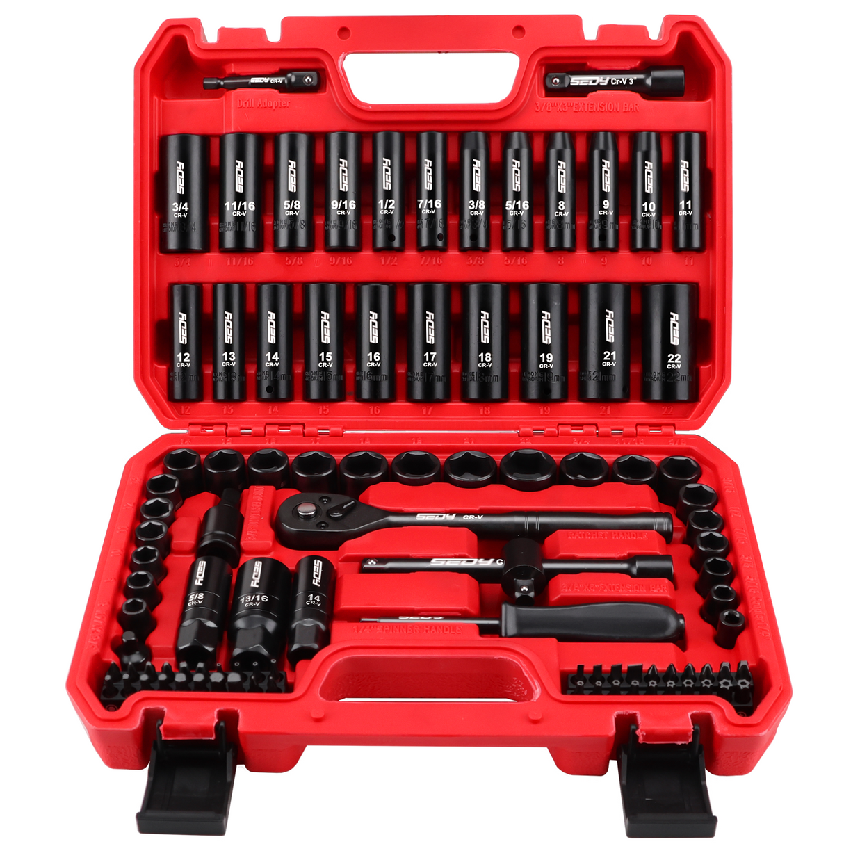 SEDY 96-piece 3/8 inch drive socket wrench and bit set with SAE and metric sockets, high-torque impact design, and organized storage box