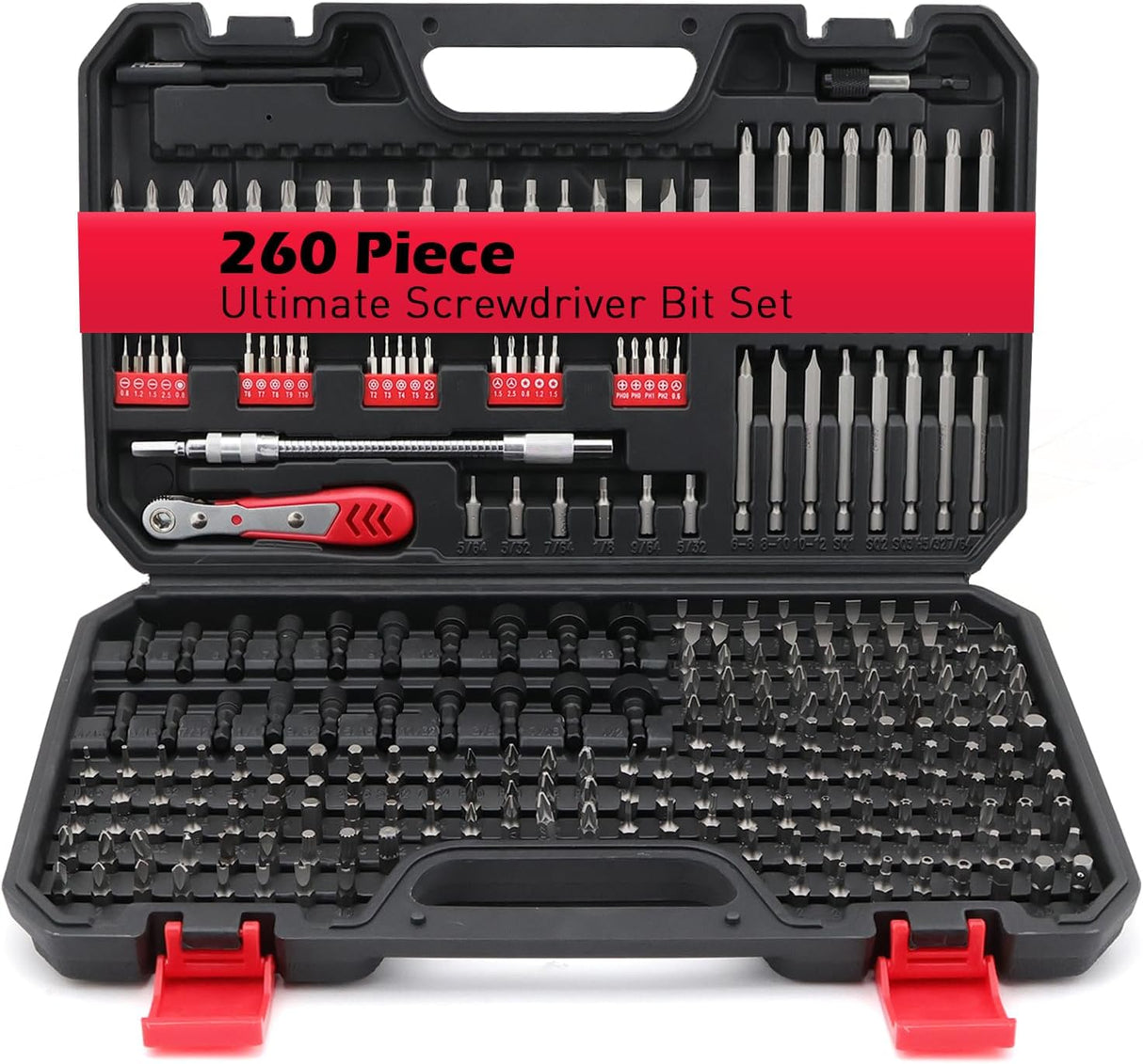 260-piece ultimate precision screwdriver bit set with magnetic security bits, nut driver, ratchet wrench, and bits holder for professional and DIY use.