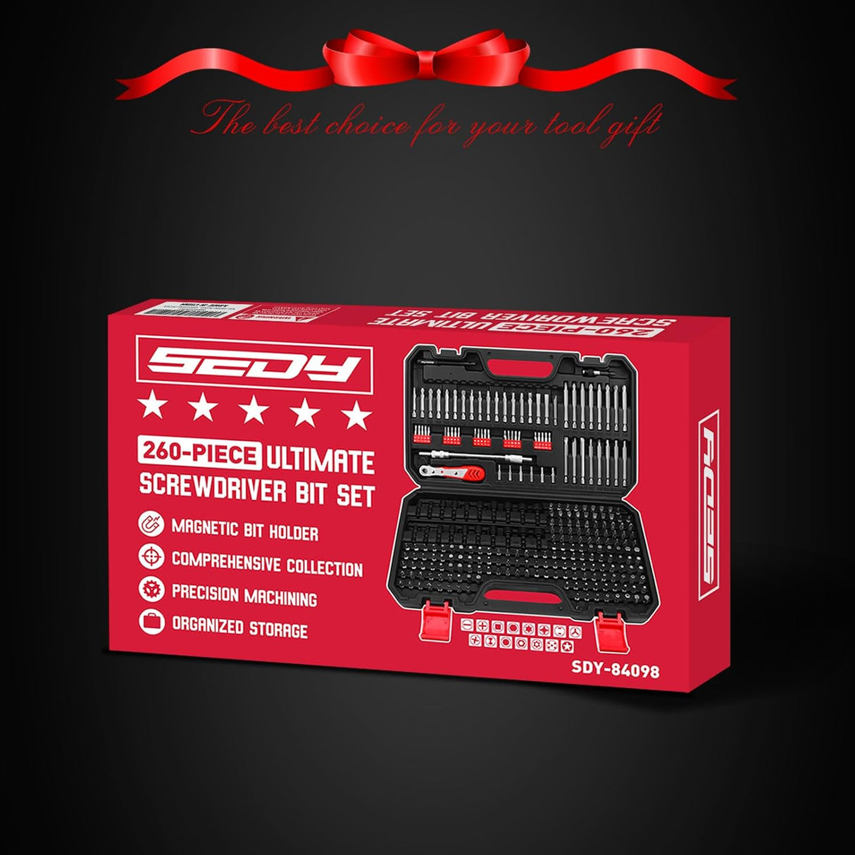 260-piece ultimate precision screwdriver bit set with magnetic security bits, nut driver, ratchet wrench, and bits holder for professional and DIY use.