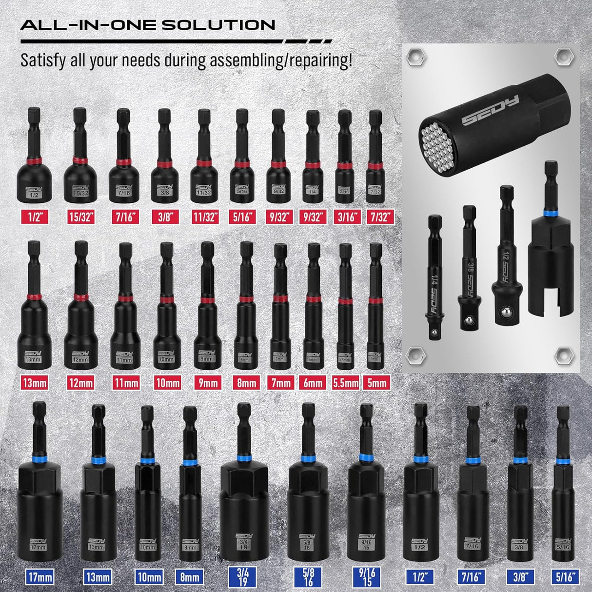 80-piece SEDY magnetic nut driver and drill bit set with universal socket, CR-V steel construction, and organized storage case for automotive and DIY use