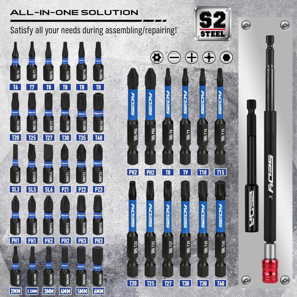 80-piece SEDY magnetic nut driver and drill bit set with universal socket, CR-V steel construction, and organized storage case for automotive and DIY use