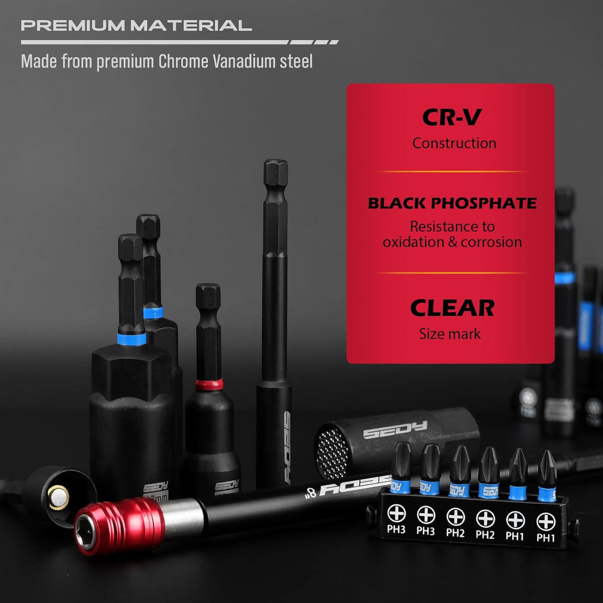 80-piece SEDY magnetic nut driver and drill bit set with universal socket, CR-V steel construction, and organized storage case for automotive and DIY use