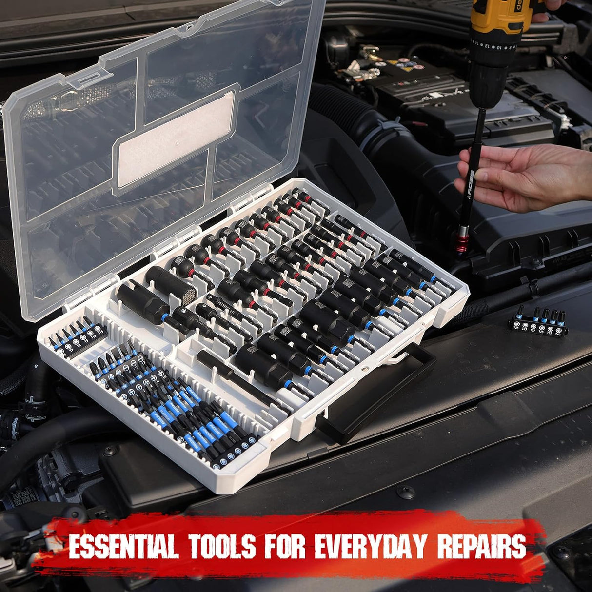 80-piece SEDY magnetic nut driver and drill bit set with universal socket, CR-V steel construction, and organized storage case for automotive and DIY use