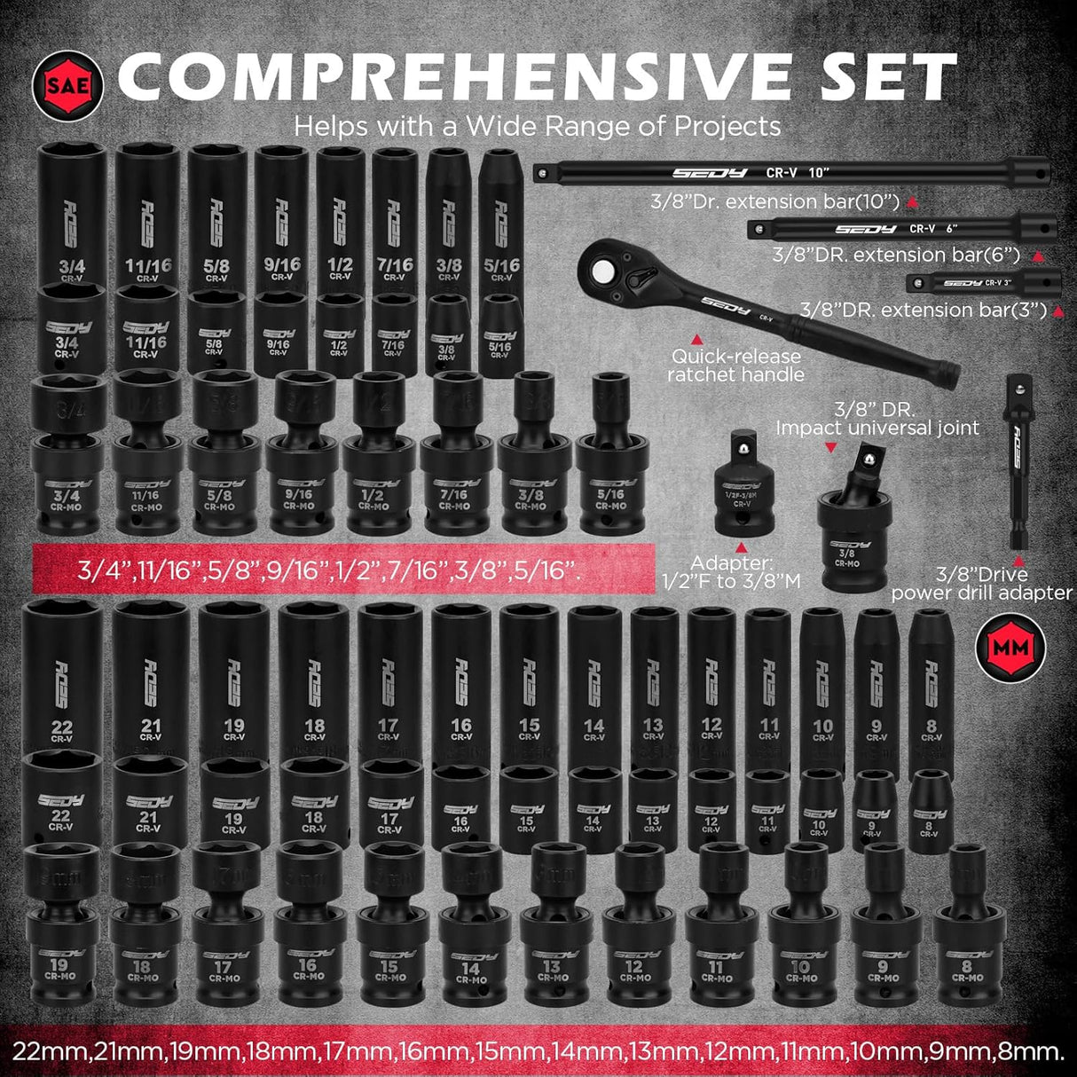SEDY 71-piece 3/8 inch drive master impact socket set with SAE and Metric sockets, ratchet and storage case