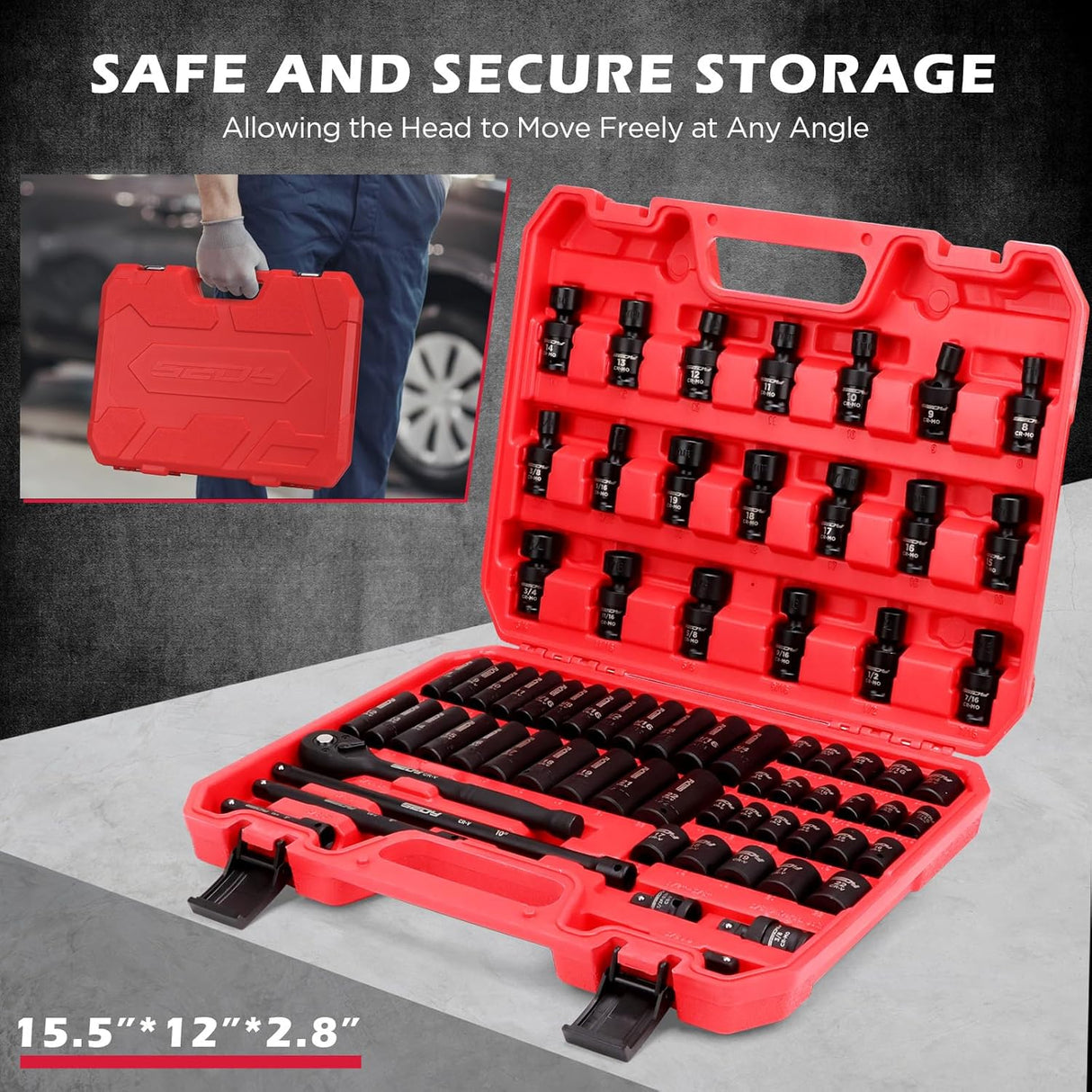 SEDY 71-piece 3/8 inch drive master impact socket set with SAE and Metric sockets, ratchet and storage case
