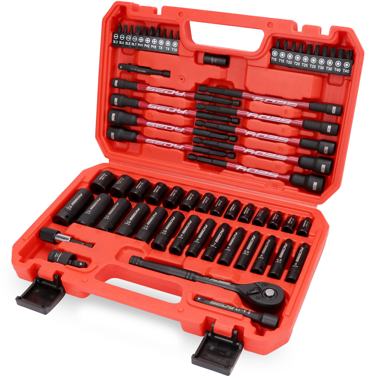 SEDY 63-piece 1/4 inch drive socket and nut driver set with CR-V impact sockets, magnetic bit drivers, ratchet wrench, and organized red storage case for mechanics and DIY