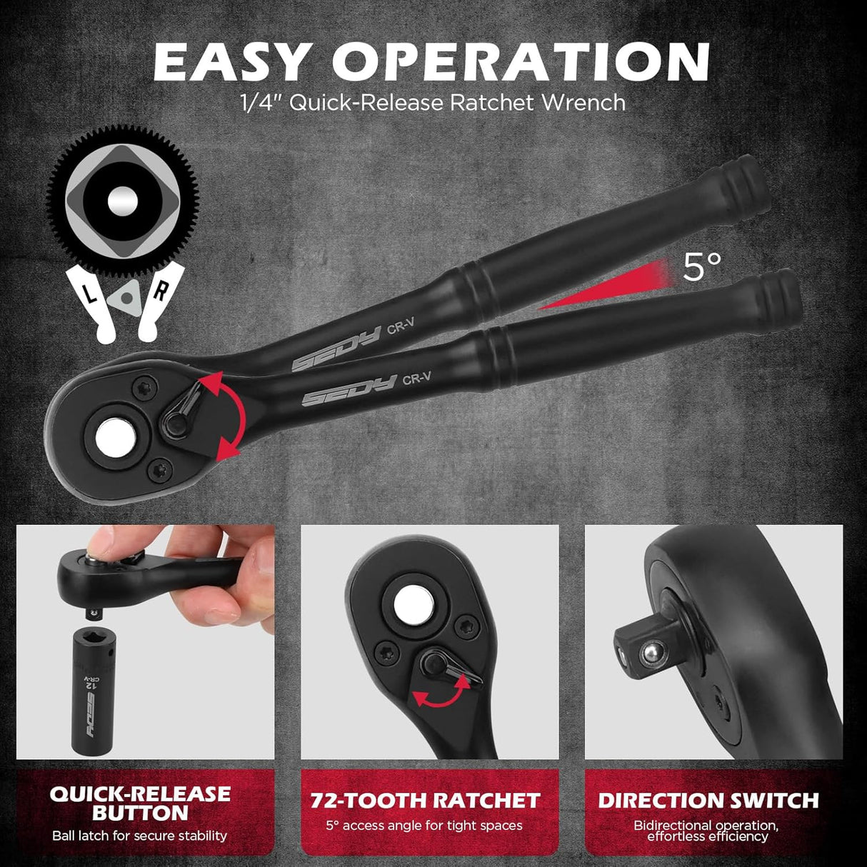 SEDY 63-piece 1/4 inch drive socket and nut driver set with CR-V impact sockets, magnetic bit drivers, ratchet wrench, and organized red storage case for mechanics and DIY