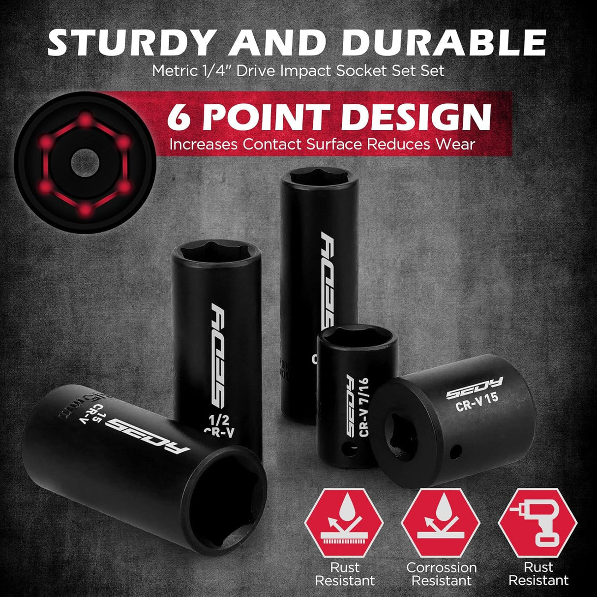 SEDY 63-piece 1/4 inch drive socket and nut driver set with CR-V impact sockets, magnetic bit drivers, ratchet wrench, and organized red storage case for mechanics and DIY