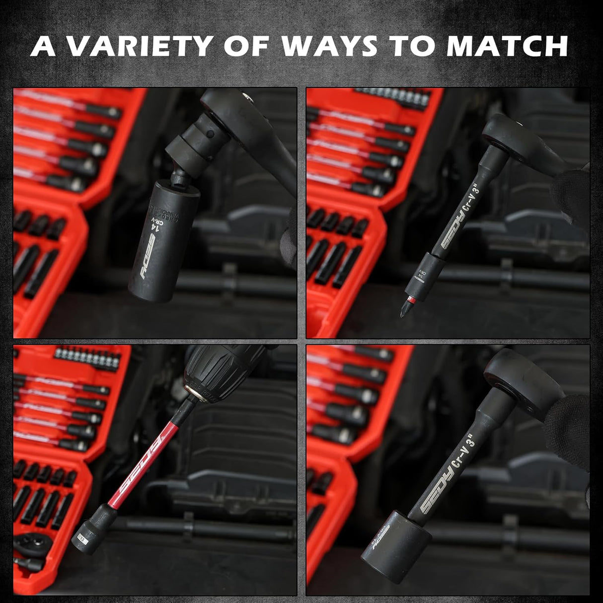 SEDY 63-piece 1/4 inch drive socket and nut driver set with CR-V impact sockets, magnetic bit drivers, ratchet wrench, and organized red storage case for mechanics and DIY