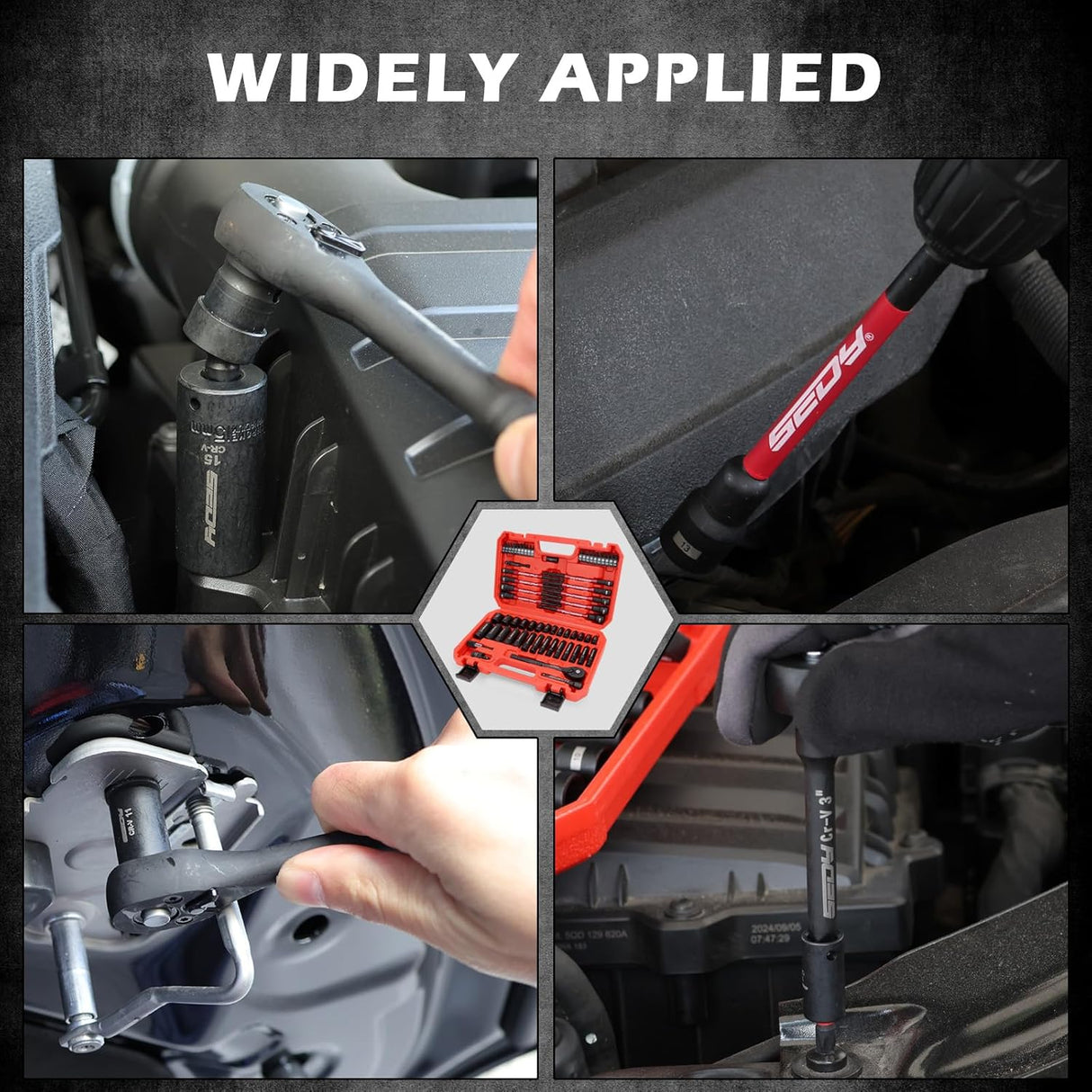 SEDY 63-piece 1/4 inch drive socket and nut driver set with CR-V impact sockets, magnetic bit drivers, ratchet wrench, and organized red storage case for mechanics and DIY