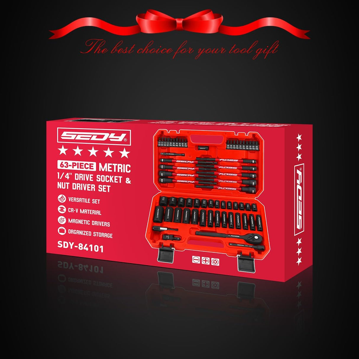 SEDY 63-piece 1/4 inch drive socket and nut driver set with CR-V impact sockets, magnetic bit drivers, ratchet wrench, and organized red storage case for mechanics and DIY