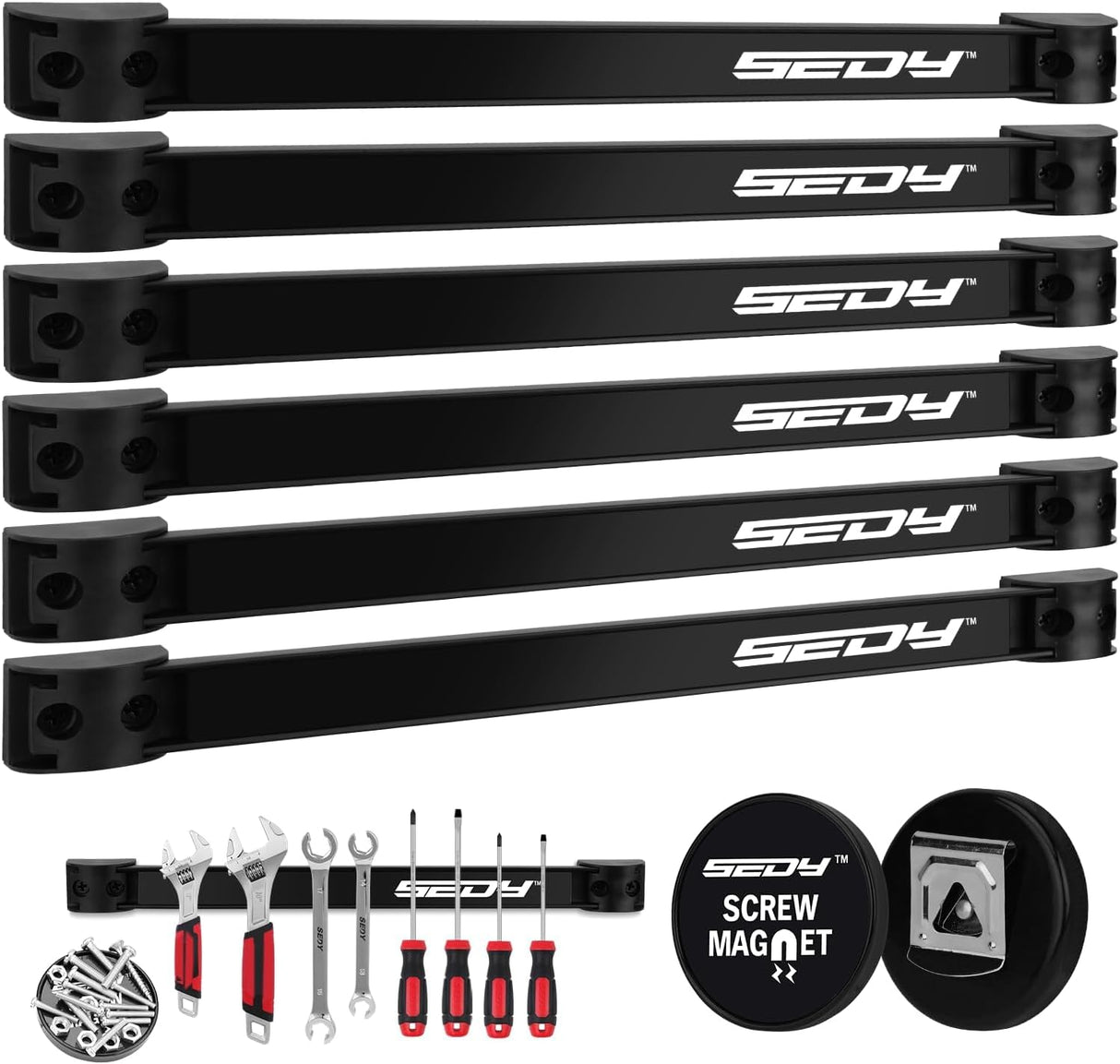 SEDY 7-piece 12-inch magnetic tool holder strip set for garage, kitchen, and workshop wall organization with strong magnets and mounting screws