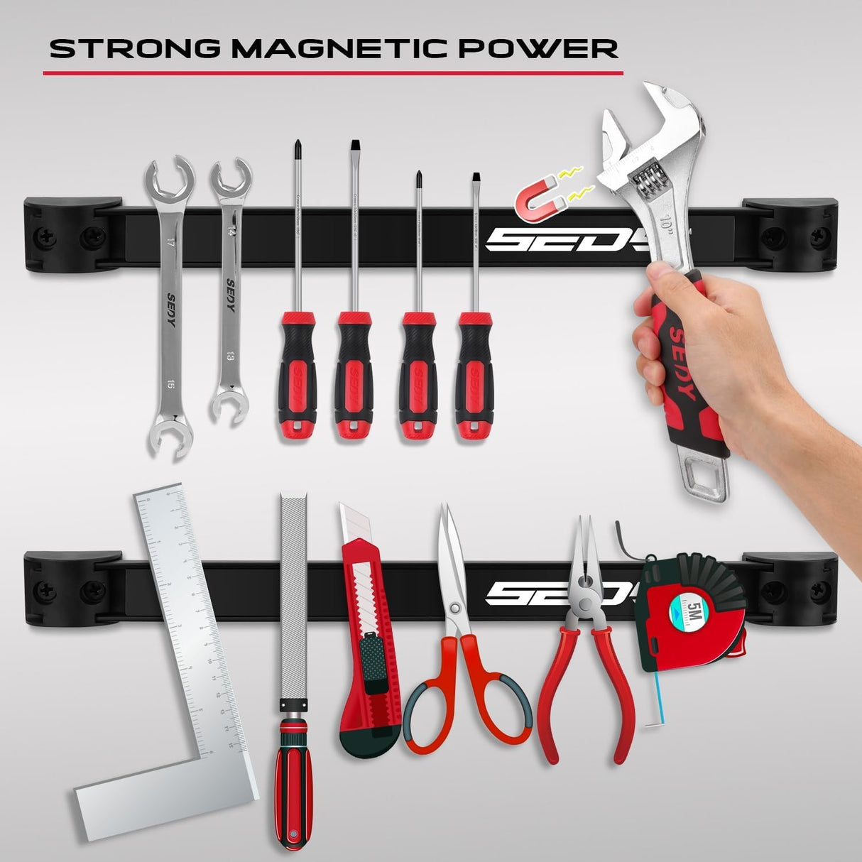 SEDY 7-piece 12-inch magnetic tool holder strip set for garage, kitchen, and workshop wall organization with strong magnets and mounting screws