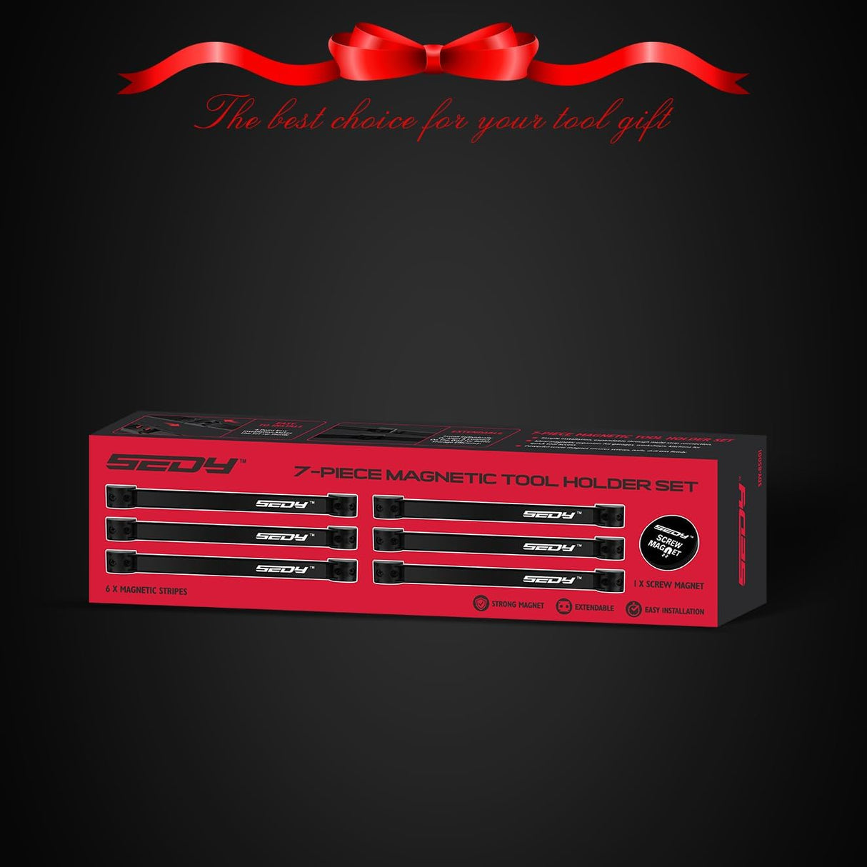 SEDY 7-piece 12-inch magnetic tool holder strip set for garage, kitchen, and workshop wall organization with strong magnets and mounting screws