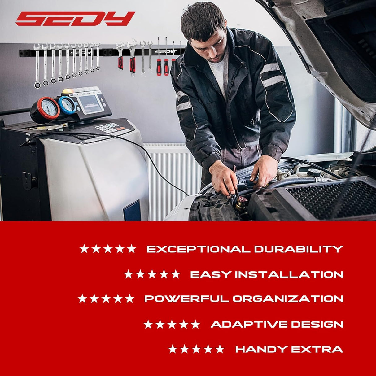 SEDY 7-piece 12-inch magnetic tool holder strip set for garage, kitchen, and workshop wall organization with strong magnets and mounting screws