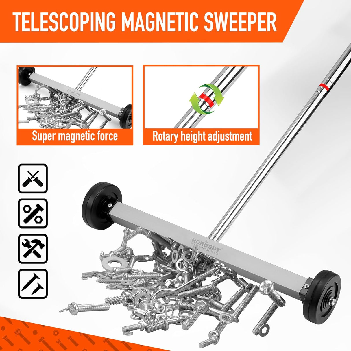 HORUSDY 17-inch magnetic sweeper with telescoping adjustable handle, wheels, and 8.8 lbs magnet pickup capacity