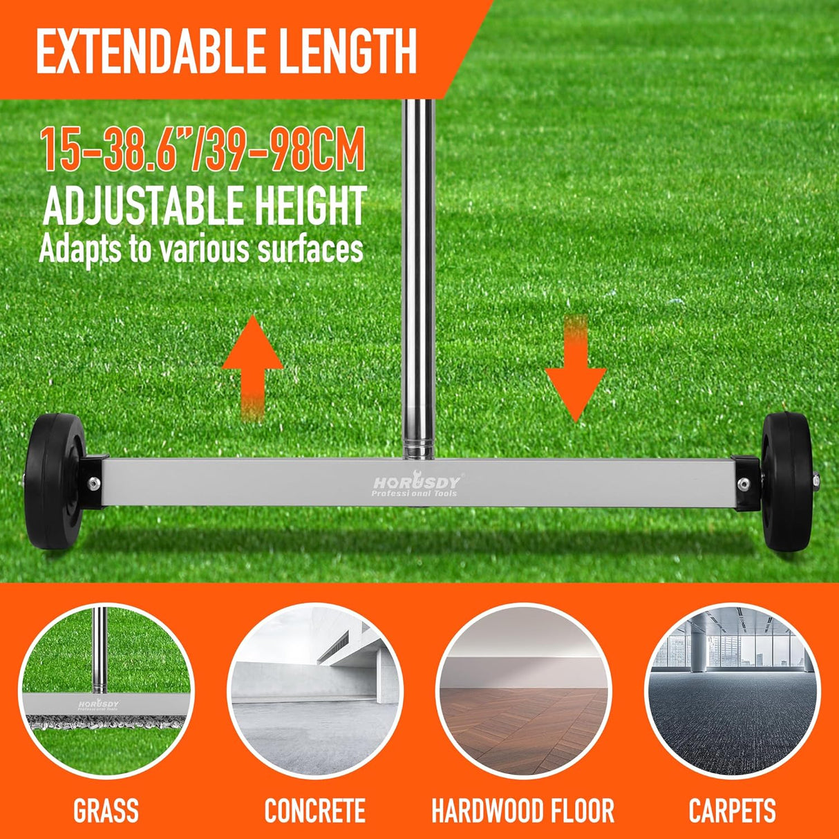 HORUSDY 17-inch magnetic sweeper with telescoping adjustable handle, wheels, and 8.8 lbs magnet pickup capacity