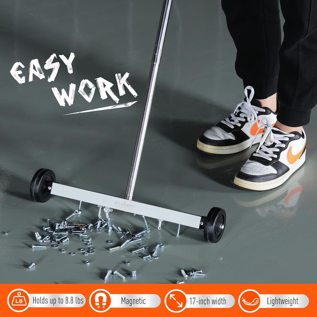 HORUSDY 17-inch magnetic sweeper with telescoping adjustable handle, wheels, and 8.8 lbs magnet pickup capacity