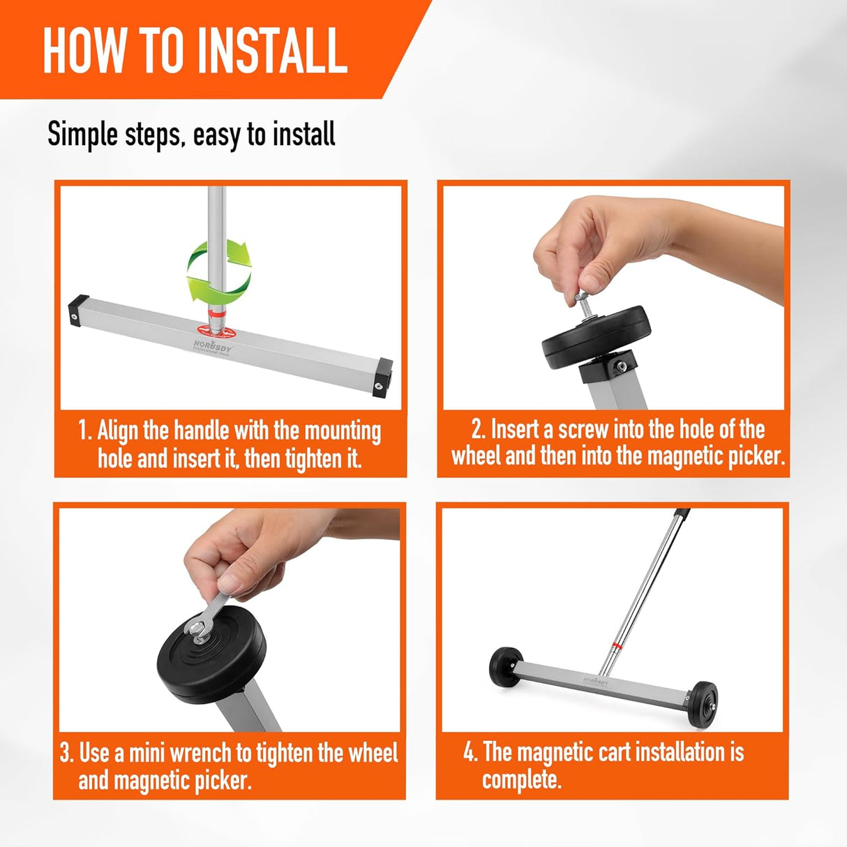 HORUSDY 17-inch magnetic sweeper with telescoping adjustable handle, wheels, and 8.8 lbs magnet pickup capacity