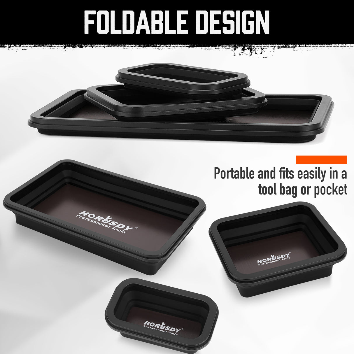 HORUSDY 3-Piece Collapsible Magnetic Parts Tray Set – Strong Magnetic Silicone Tool Trays in Small, Medium, and Large Sizes for Convenient Storage and Automotive, Garage, or Workshop Use