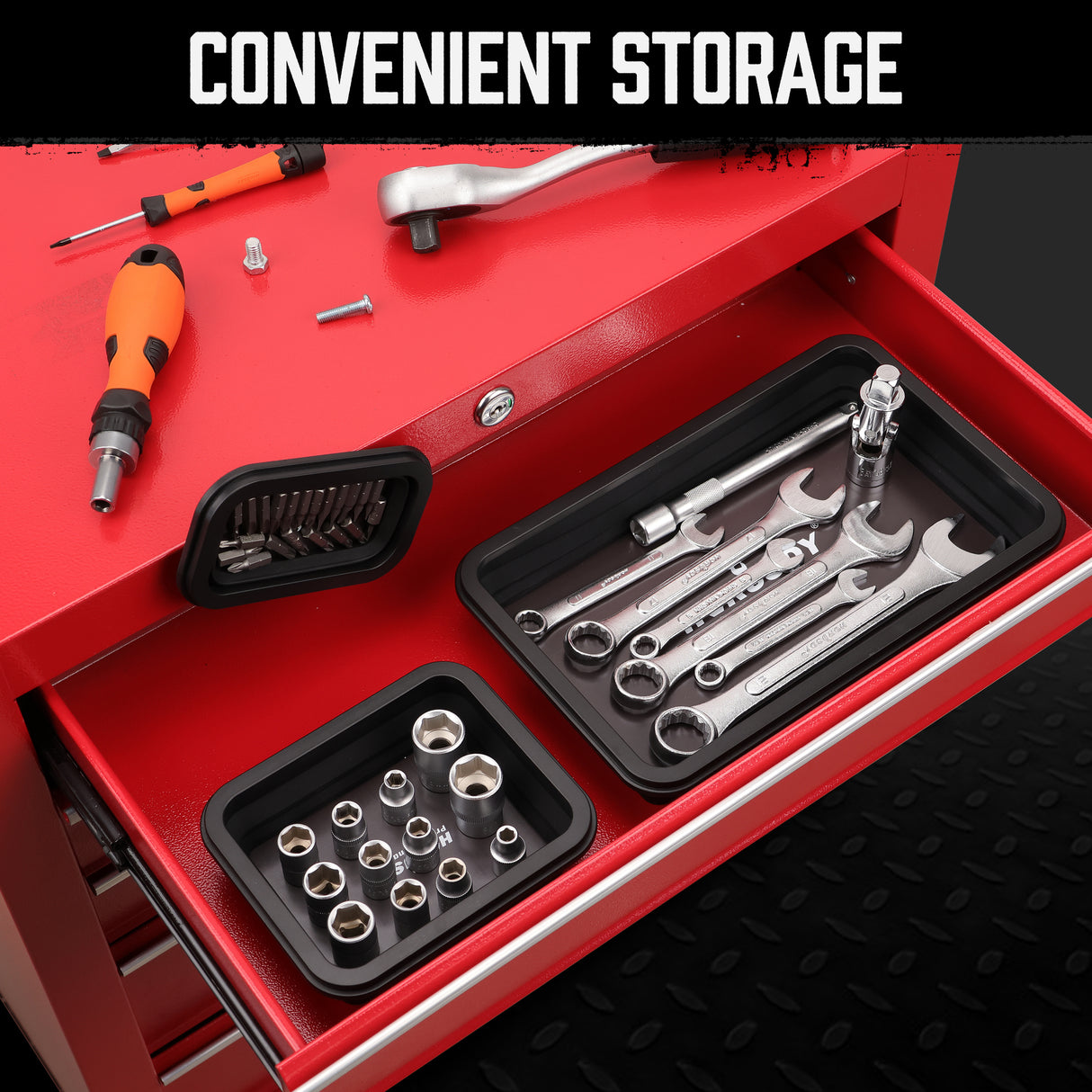 HORUSDY 3-Piece Collapsible Magnetic Parts Tray Set – Strong Magnetic Silicone Tool Trays in Small, Medium, and Large Sizes for Convenient Storage and Automotive, Garage, or Workshop Use