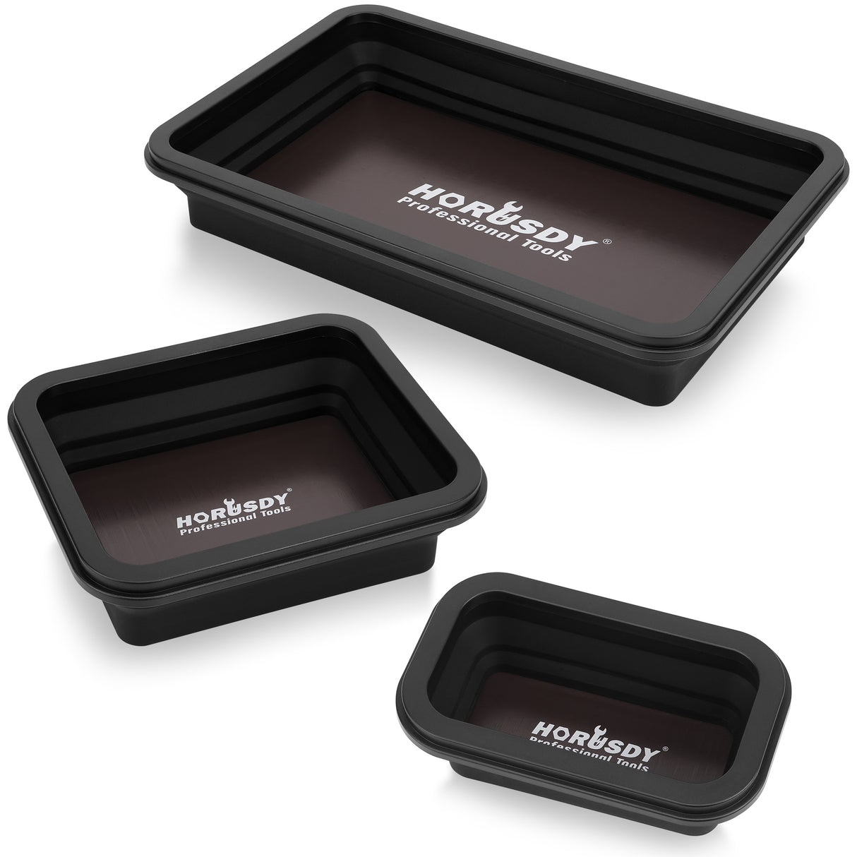 HORUSDY 3-Piece Collapsible Magnetic Parts Tray Set – Strong Magnetic Silicone Tool Trays in Small, Medium, and Large Sizes for Convenient Storage and Automotive, Garage, or Workshop Use