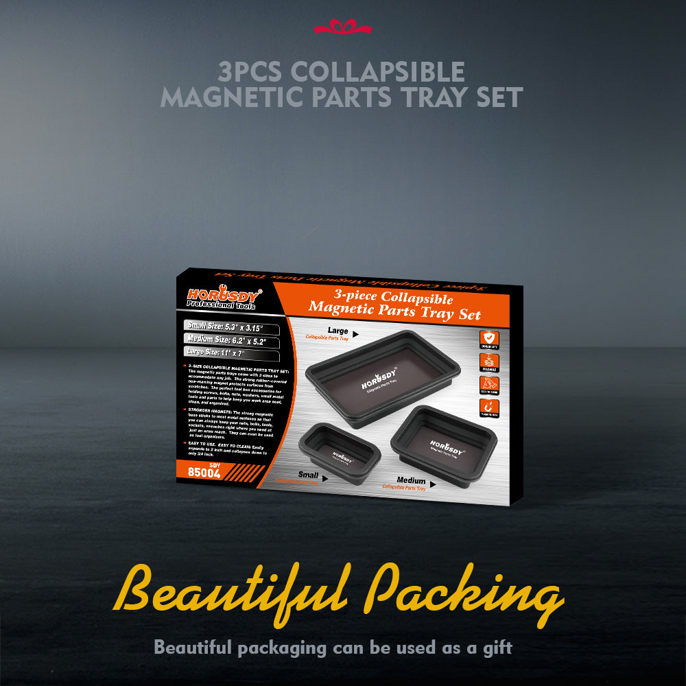 HORUSDY 3-Piece Collapsible Magnetic Parts Tray Set – Strong Magnetic Silicone Tool Trays in Small, Medium, and Large Sizes for Convenient Storage and Automotive, Garage, or Workshop Use