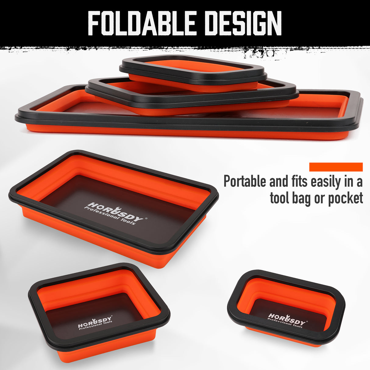 HORUSDY 3-Piece Orange Collapsible Magnetic Parts Tray Set – Heavy-Duty Silicone Tool Trays with Strong Magnets for Garage, Workshop, or Car Repair, in Large, Medium, and Small Sizes
