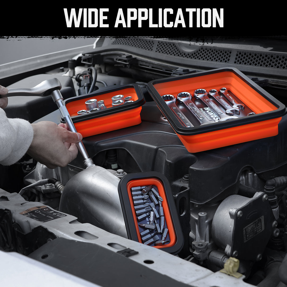 HORUSDY 3-Piece Orange Collapsible Magnetic Parts Tray Set – Heavy-Duty Silicone Tool Trays with Strong Magnets for Garage, Workshop, or Car Repair, in Large, Medium, and Small Sizes