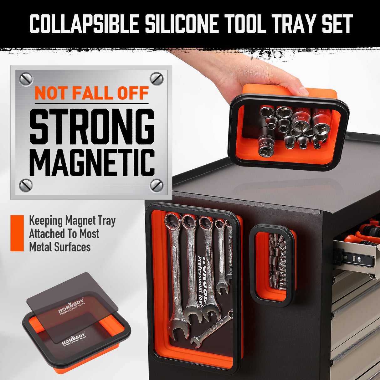 HORUSDY 3-Piece Orange Collapsible Magnetic Parts Tray Set – Heavy-Duty Silicone Tool Trays with Strong Magnets for Garage, Workshop, or Car Repair, in Large, Medium, and Small Sizes