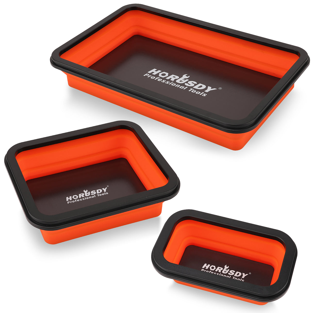 HORUSDY 3-Piece Orange Collapsible Magnetic Parts Tray Set – Heavy-Duty Silicone Tool Trays with Strong Magnets for Garage, Workshop, or Car Repair, in Large, Medium, and Small Sizes