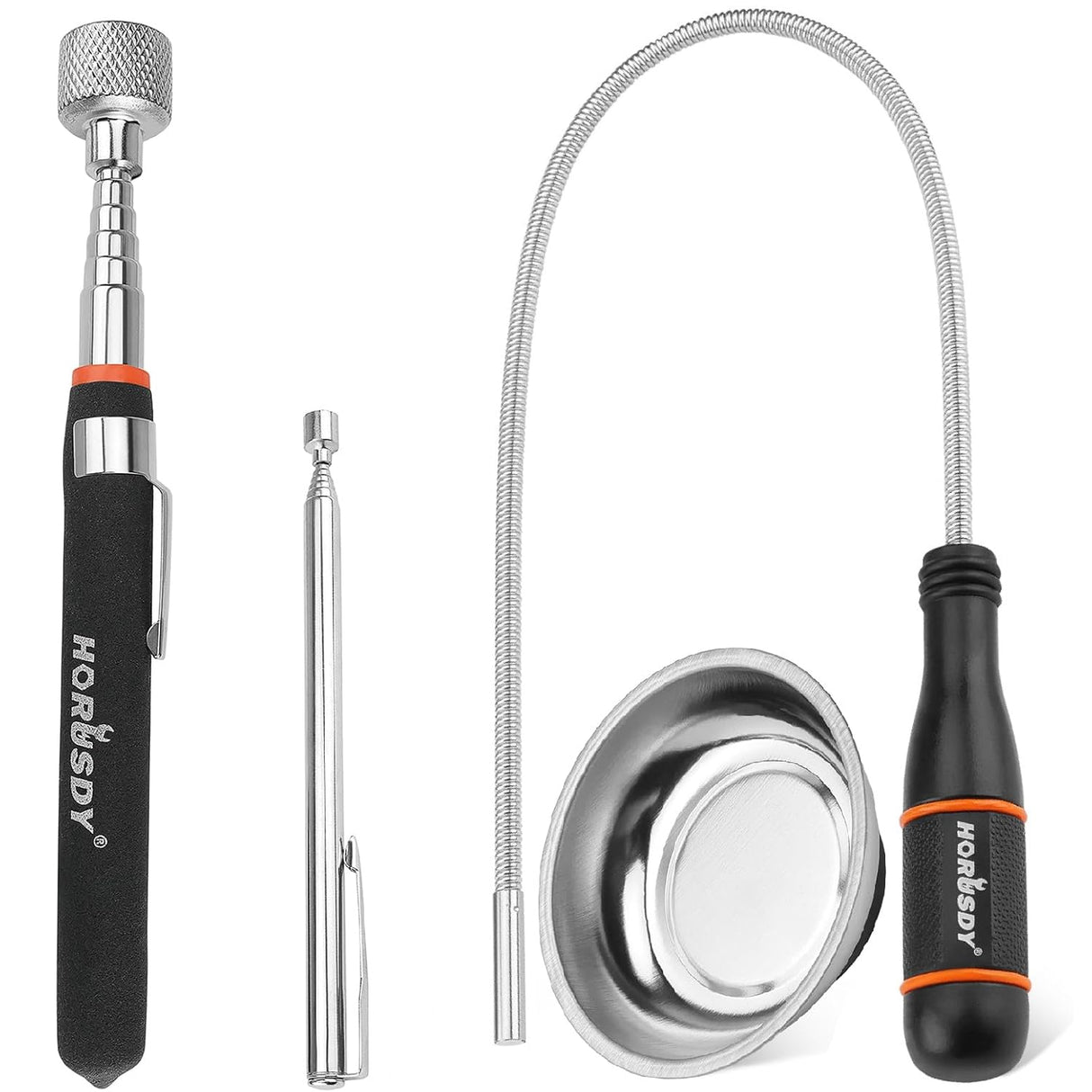 HORUSDY magnetic pickup tool set with telescoping rods, flexible magnetic sweeper, and stainless 3-inch magnetic tray