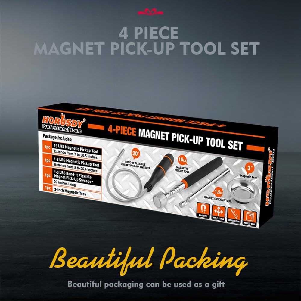 HORUSDY magnetic pickup tool set with telescoping rods, flexible magnetic sweeper, and stainless 3-inch magnetic tray