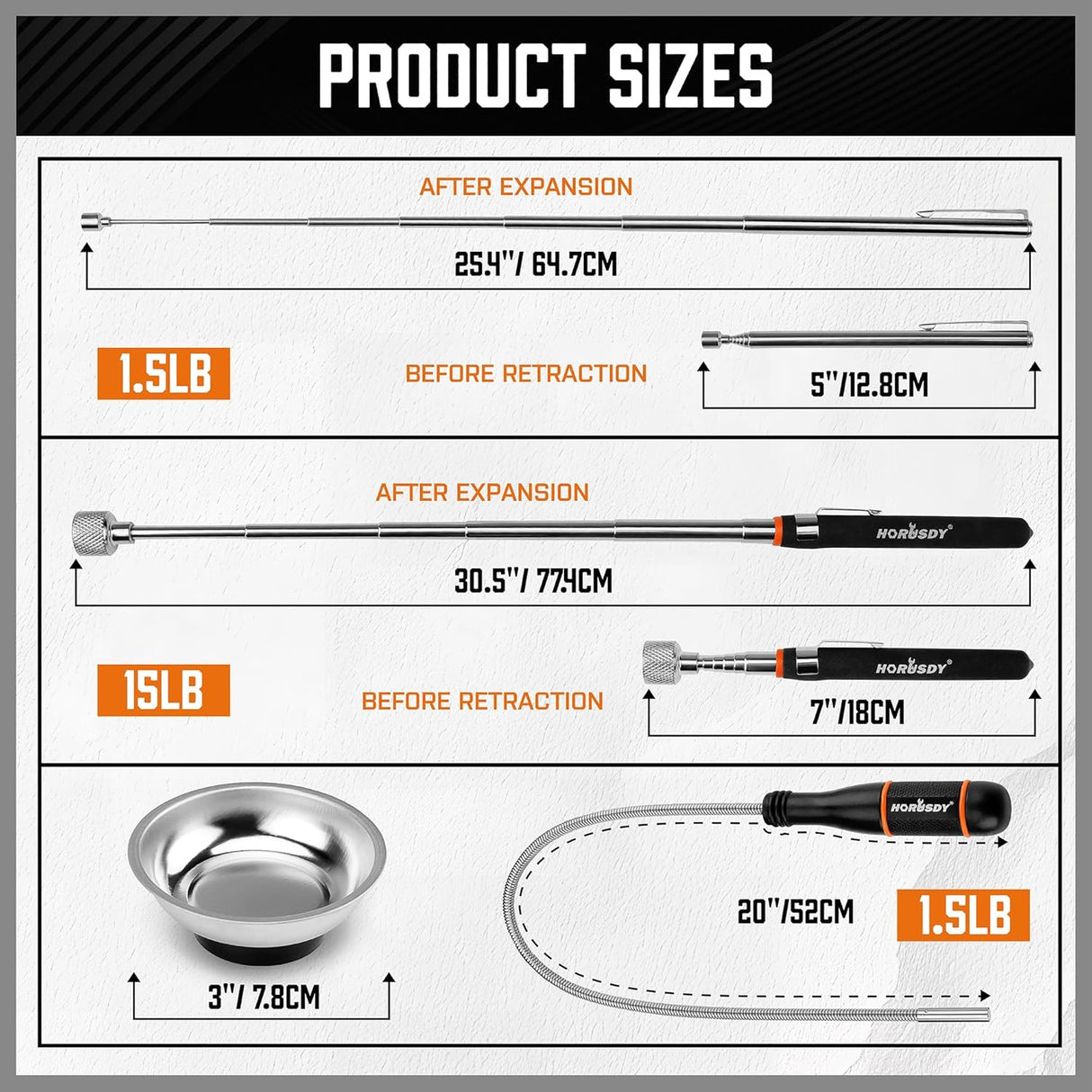 HORUSDY magnetic pickup tool set with telescoping rods, flexible magnetic sweeper, and stainless 3-inch magnetic tray