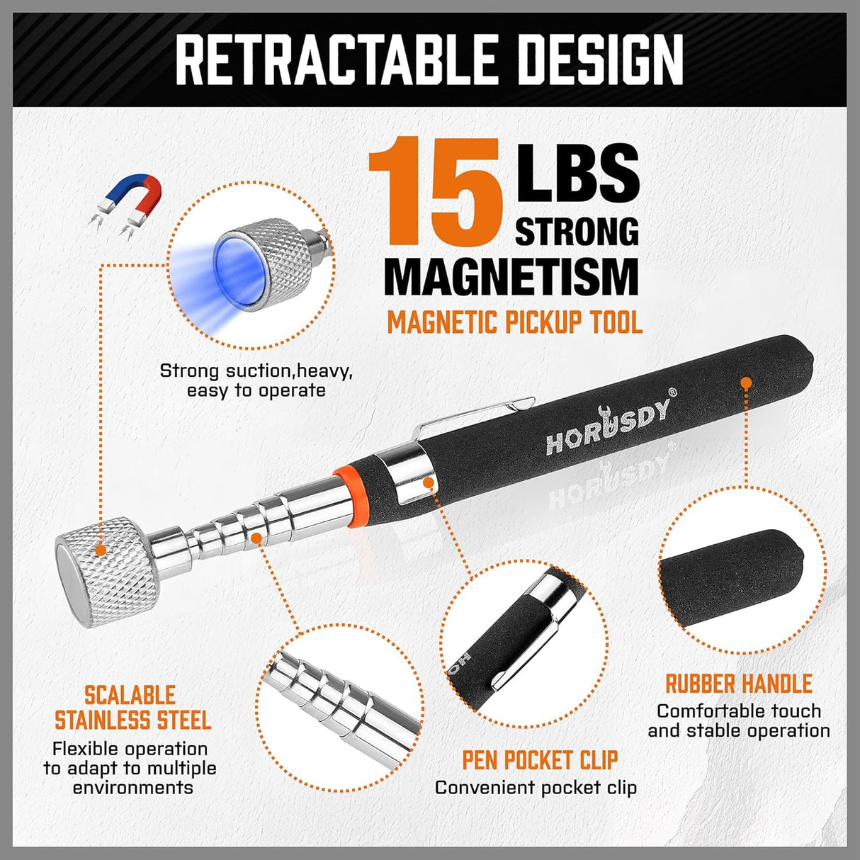 HORUSDY 4-Piece Magnetic Pickup Tool Set with Telescoping Rods, Flexible Sweeper & 3-Inch Tray