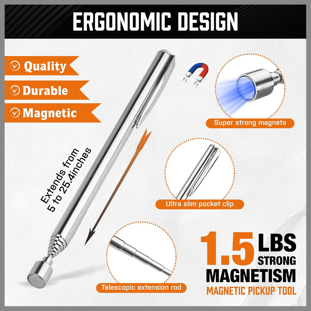 HORUSDY magnetic pickup tool set with telescoping rods, flexible magnetic sweeper, and stainless 3-inch magnetic tray