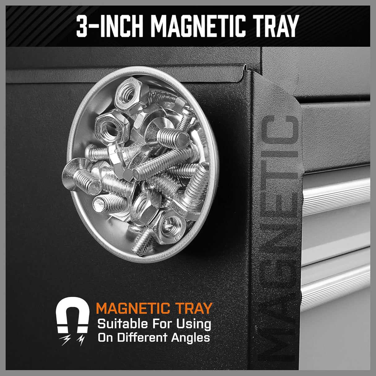 HORUSDY magnetic pickup tool set with telescoping rods, flexible magnetic sweeper, and stainless 3-inch magnetic tray